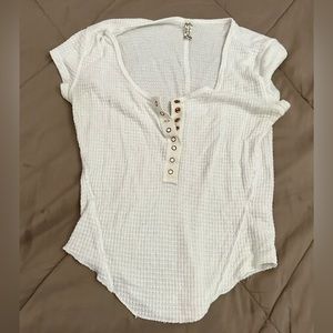 Free People short sleeve waffle top - white with rose gold snap buttons